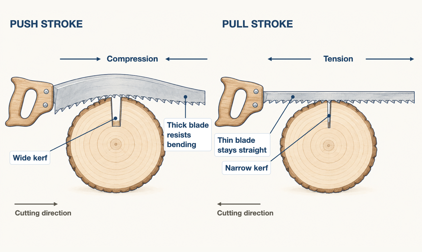 Two-panel diagram comparing a push stroke that bends a thick blade with a pull stroke that keeps a thin blade straight