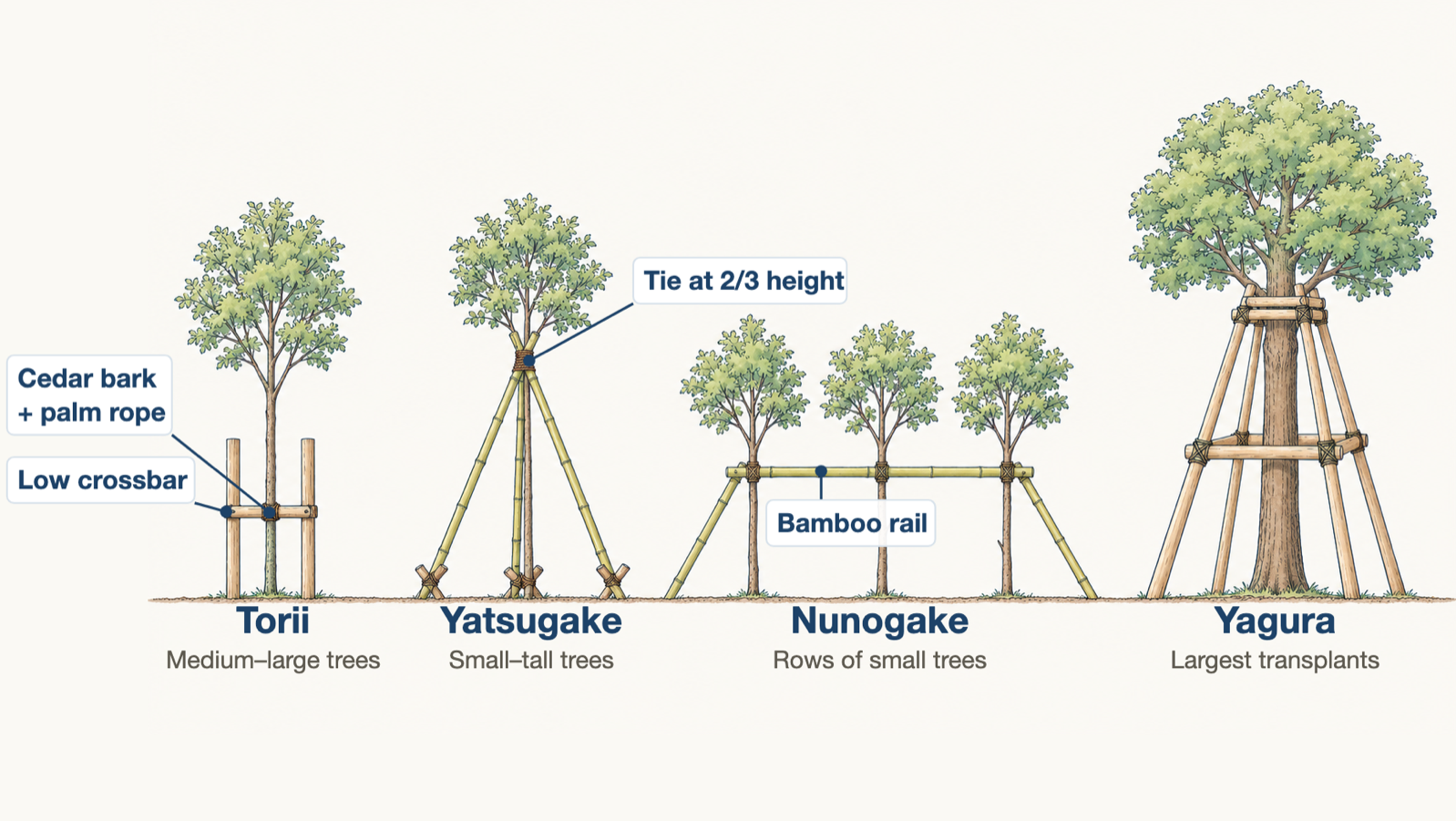 Four Japanese tree support types drawn side by side
