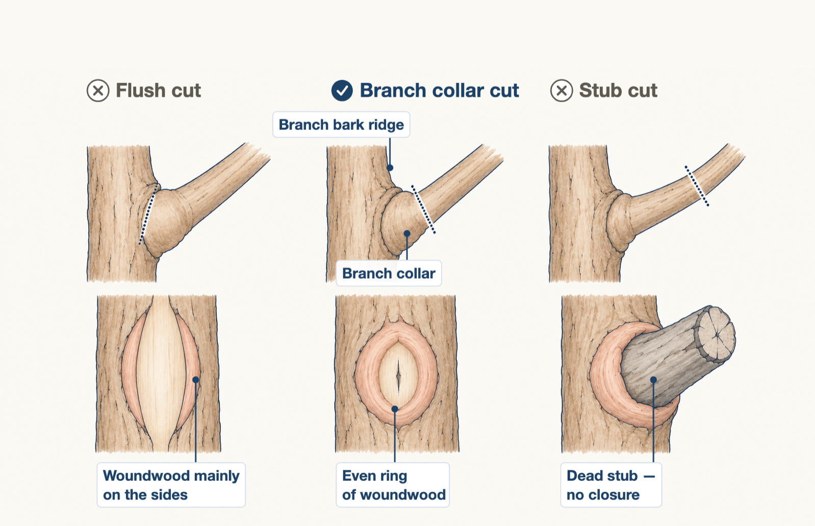 Diagram comparing a flush cut, a branch collar cut, a stub cut