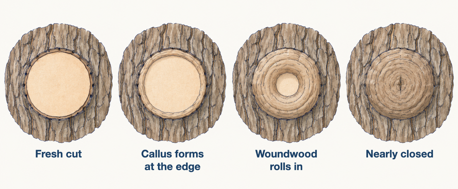 Diagram of woundwood closing over a pruning cut in four stages