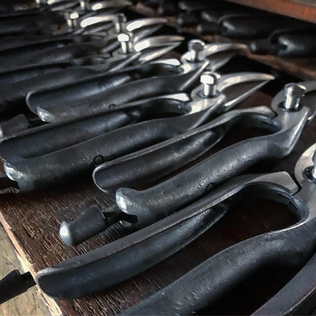 Unfinished forged shears lined up on a workbench