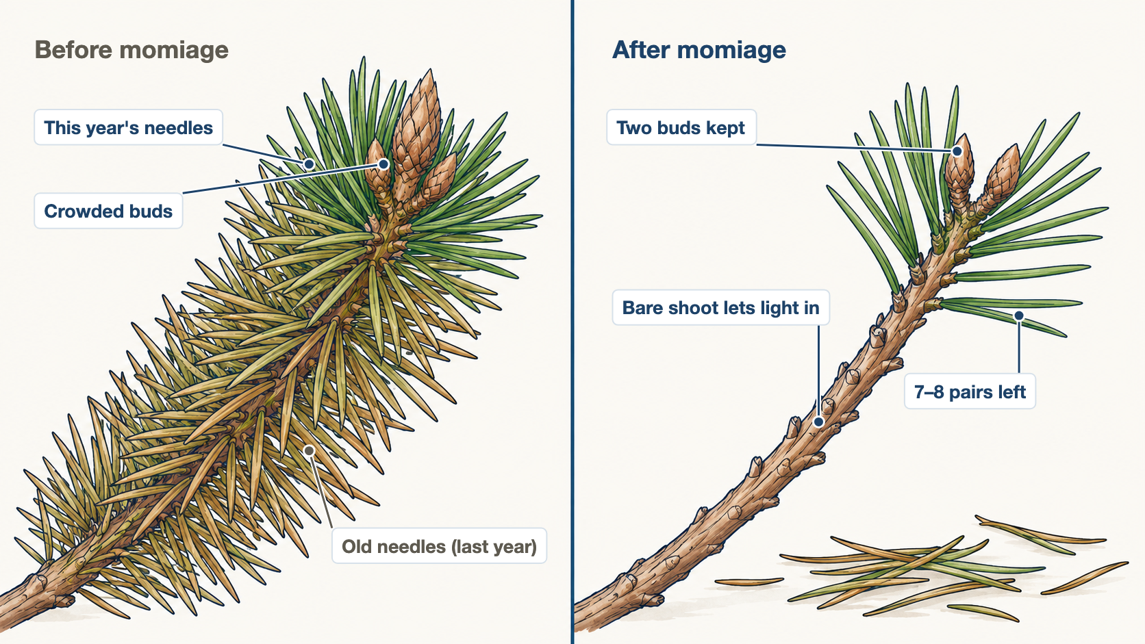 Two-panel diagram of a black pine shoot before momiage with old needles, after momiage with two buds