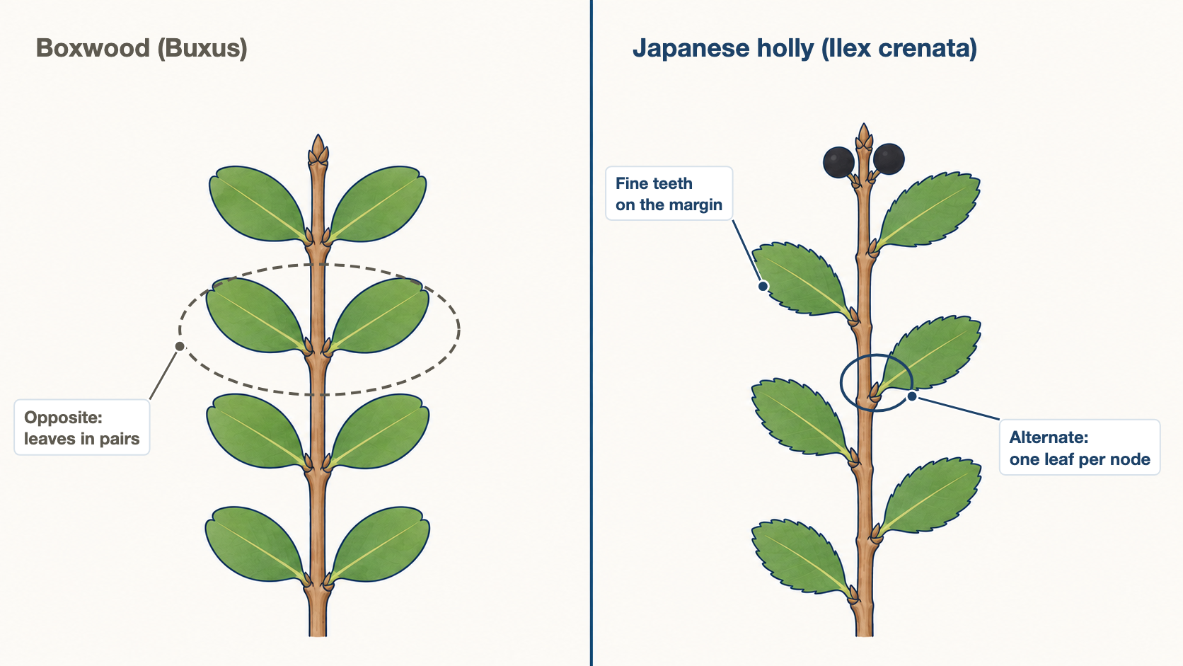 Two twigs side by side: boxwood with paired leaves, Japanese holly with alternating leaves