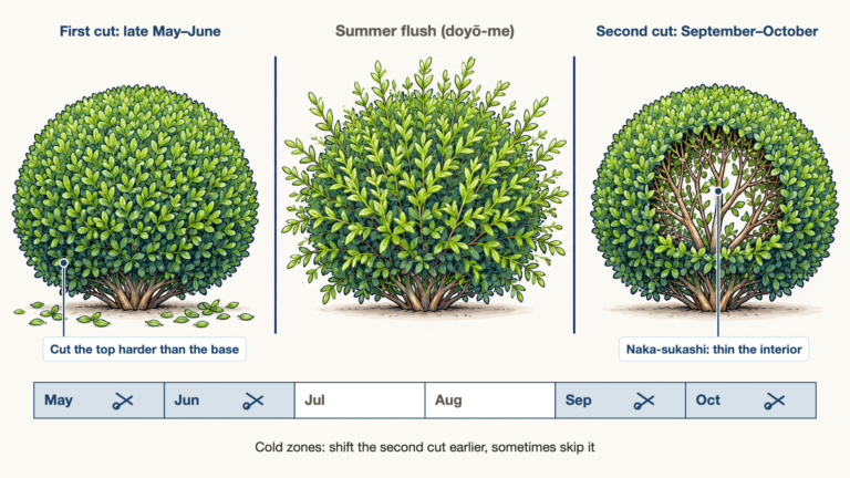 Japanese holly ball shown across a year: first cut in early summer, regrowth, second cut in autumn